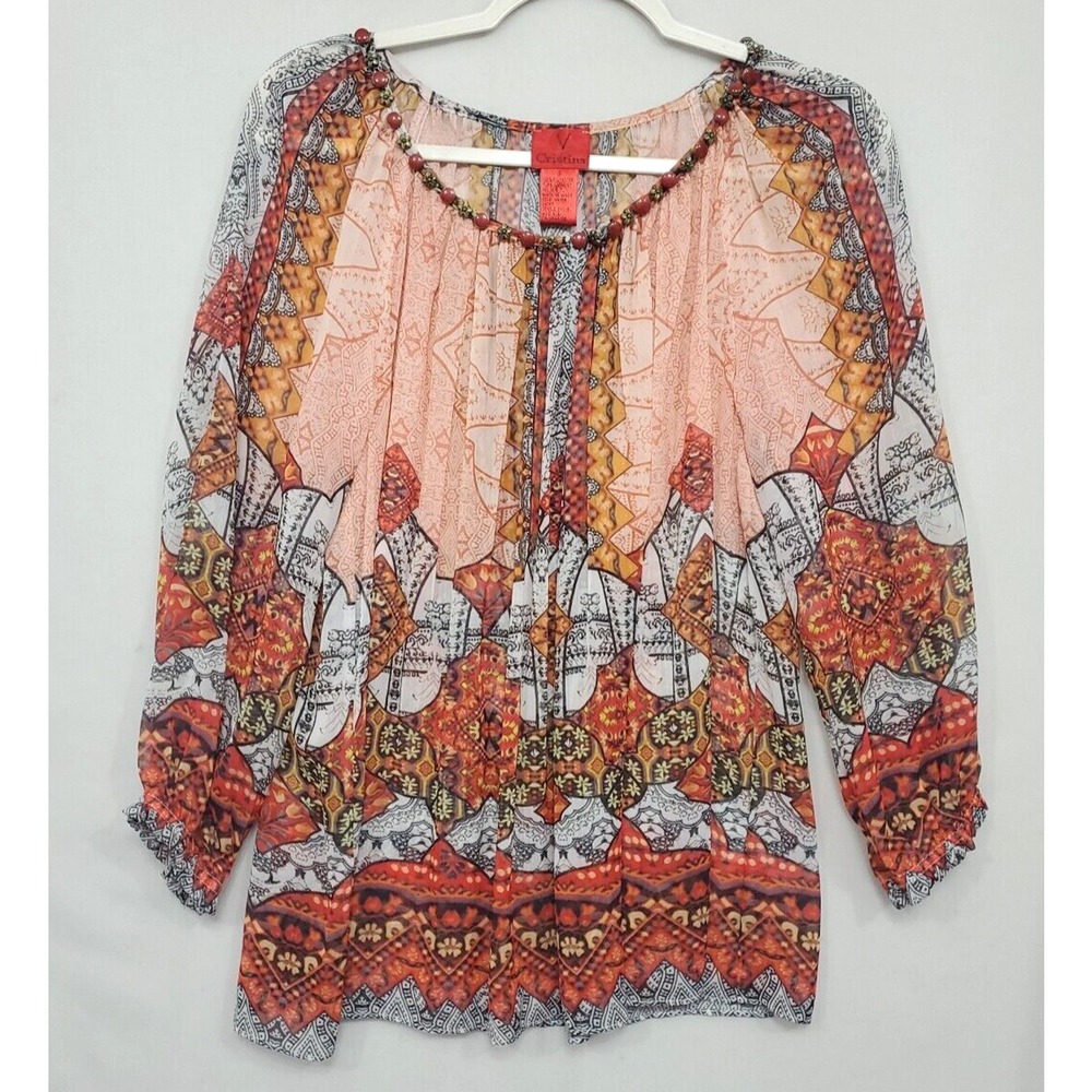 V Cristina Blouse Beaded Neck Sheer Geometric Print Orange Women S Boho Peasant